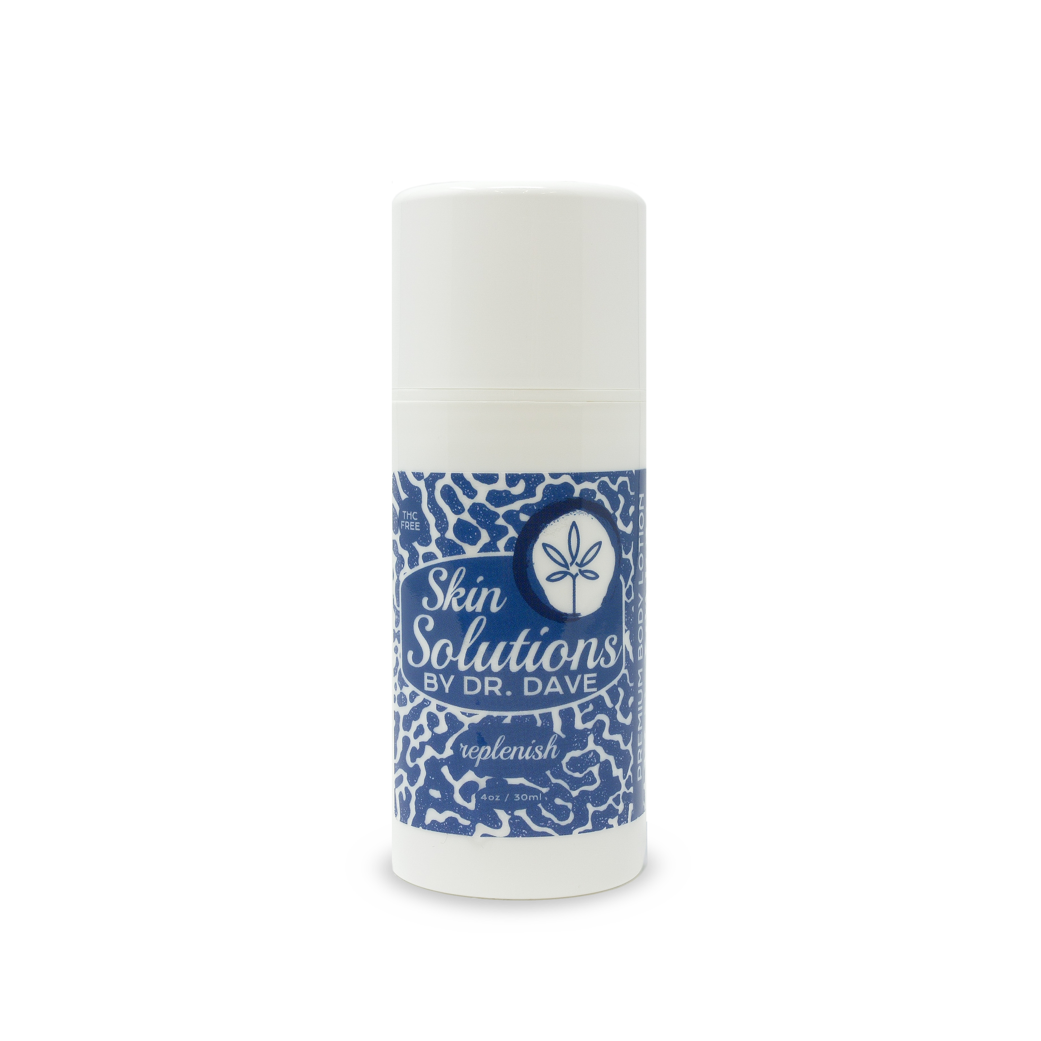a picture of the skin solutions C B D lotion. The bottle is tall and white with a blue label. The label has a speckled pattern and says skin solutions by doctor dave replenish. Te solutions by doctor dave logo is on the top right corner. It is a zen circle with a leaf inside.