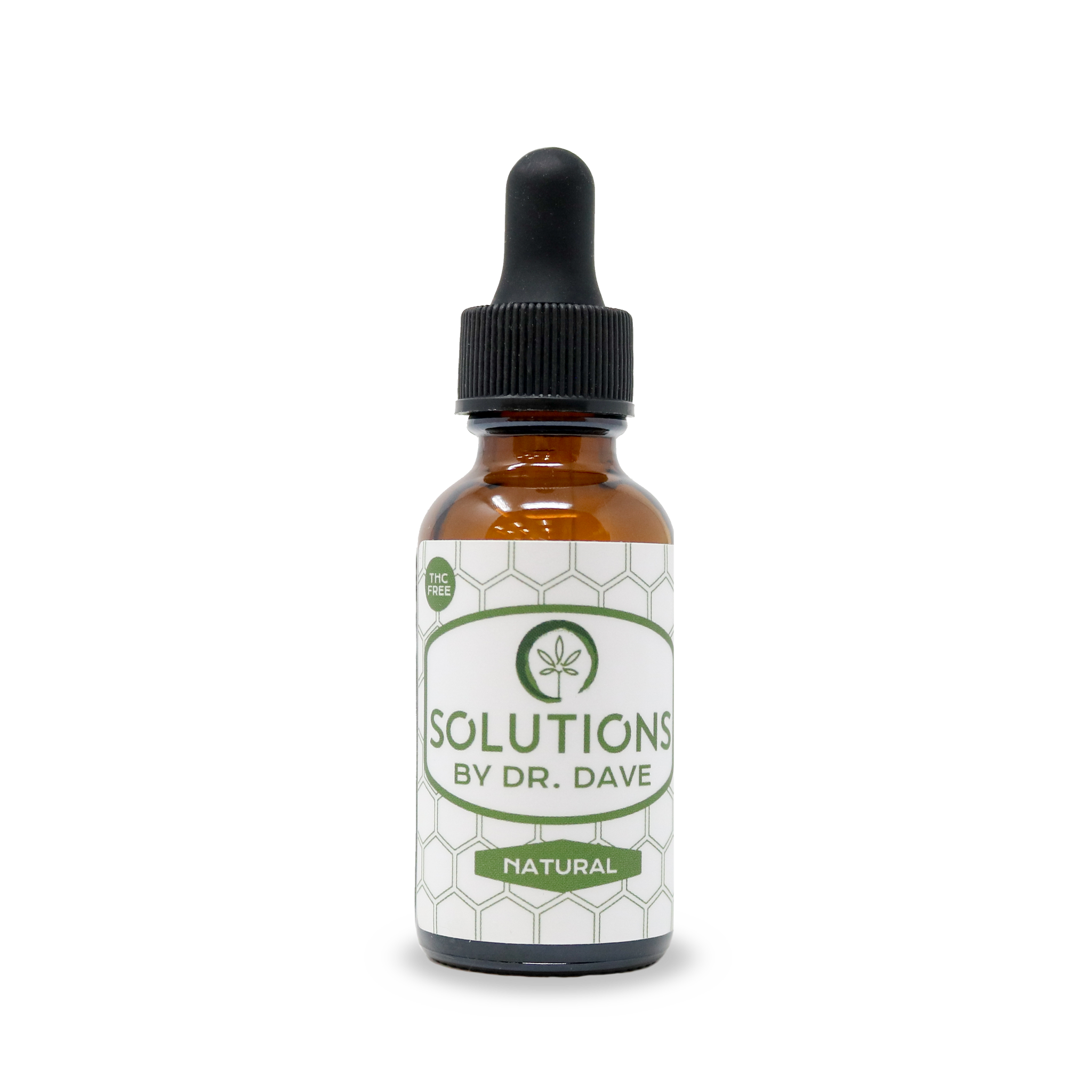 A bottle of Solutions by Doctor Dave unflavored natural extra virgin olive oil isolate CBD tincture is shown. The bottle is a brown amber color and has a white and green label. The label has a honey comb print and says Solutions by doctor Dave natural, T H C free. 