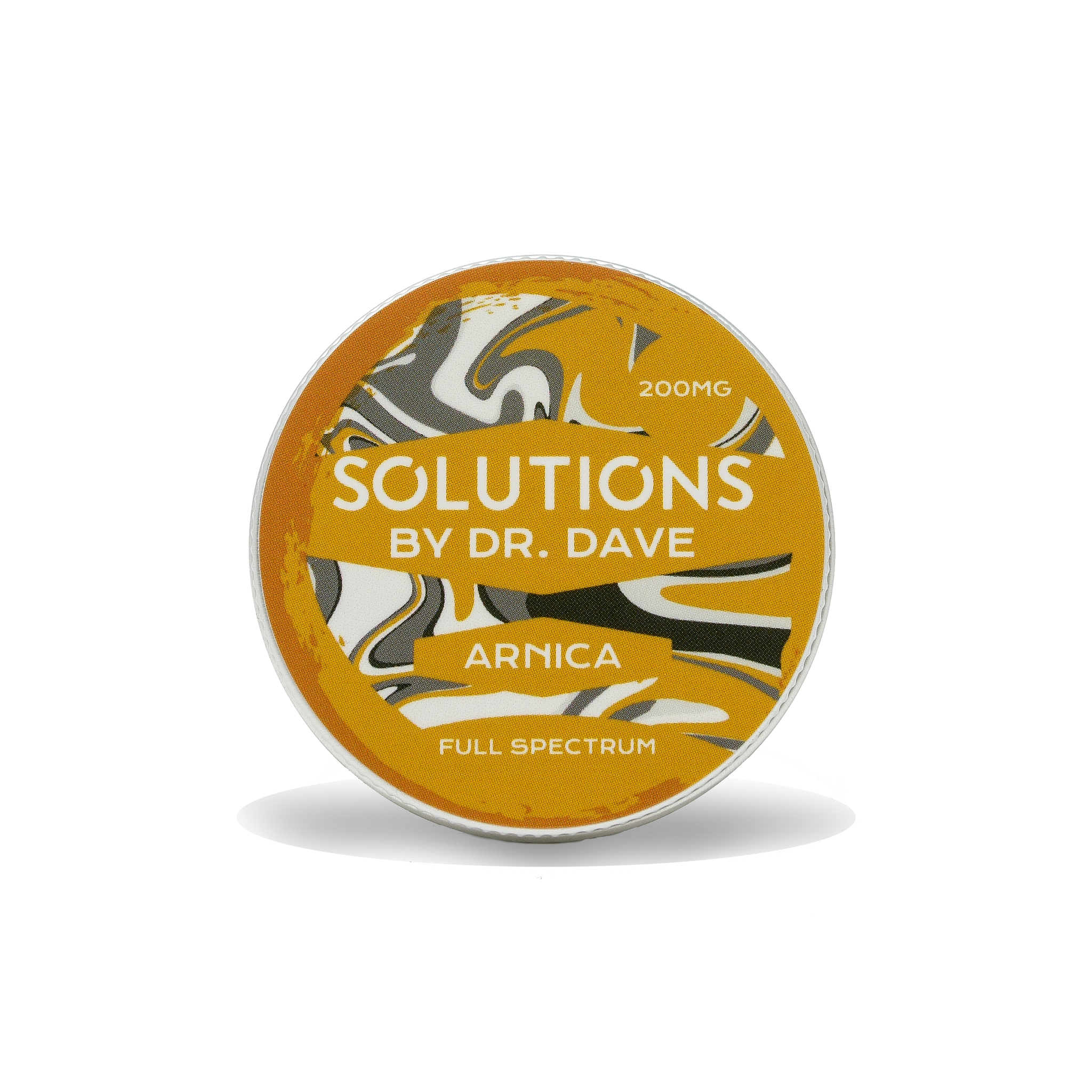 A picture of the arnica balm. It is a circular tin with a gold, black and white swirled pattern. The label says 200 milligram Solutions by doctor dave arnica , full spectrum