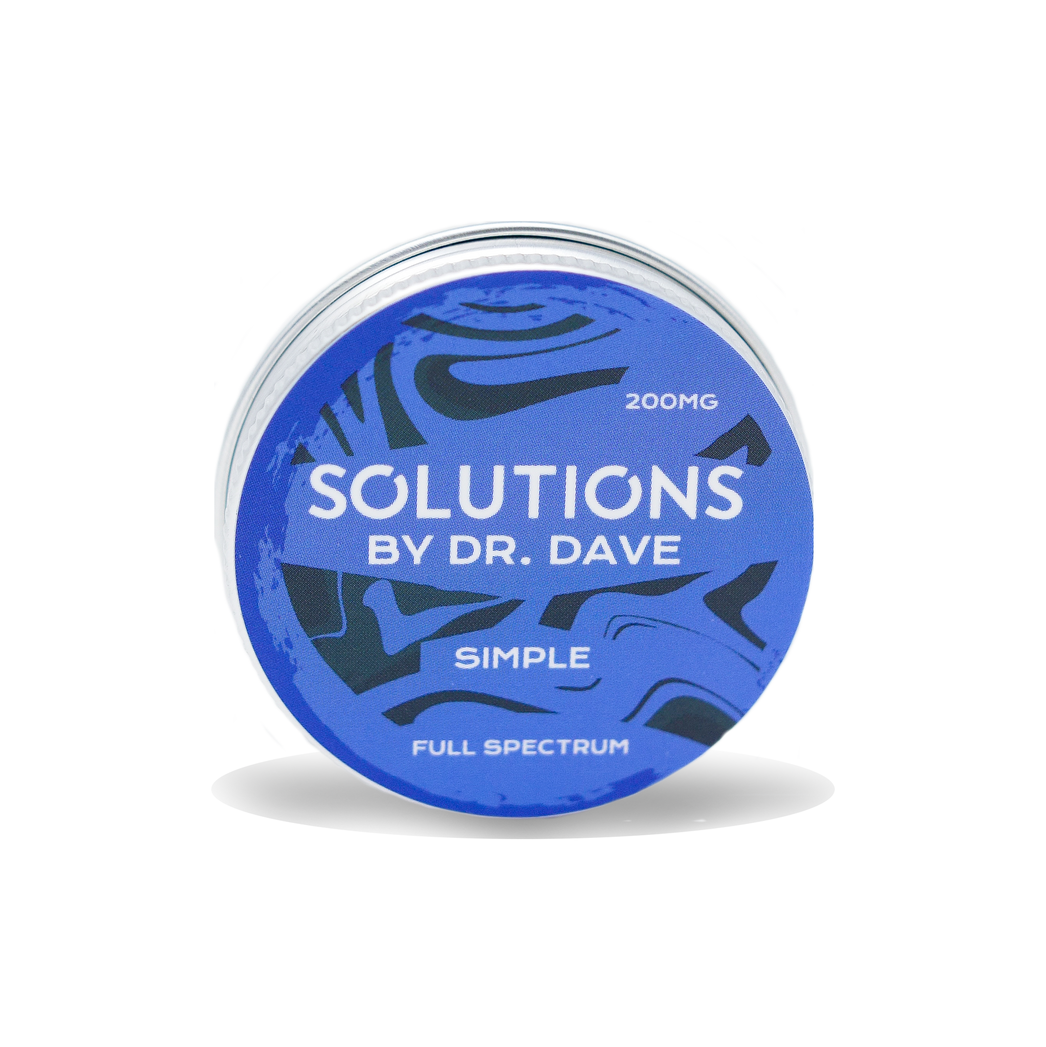 A picture of the unscented simple balm. It is a circular tin with a blue and black swirled pattern. The label says 200 milligram Solutions by doctor Dave Simple, full spectrum.