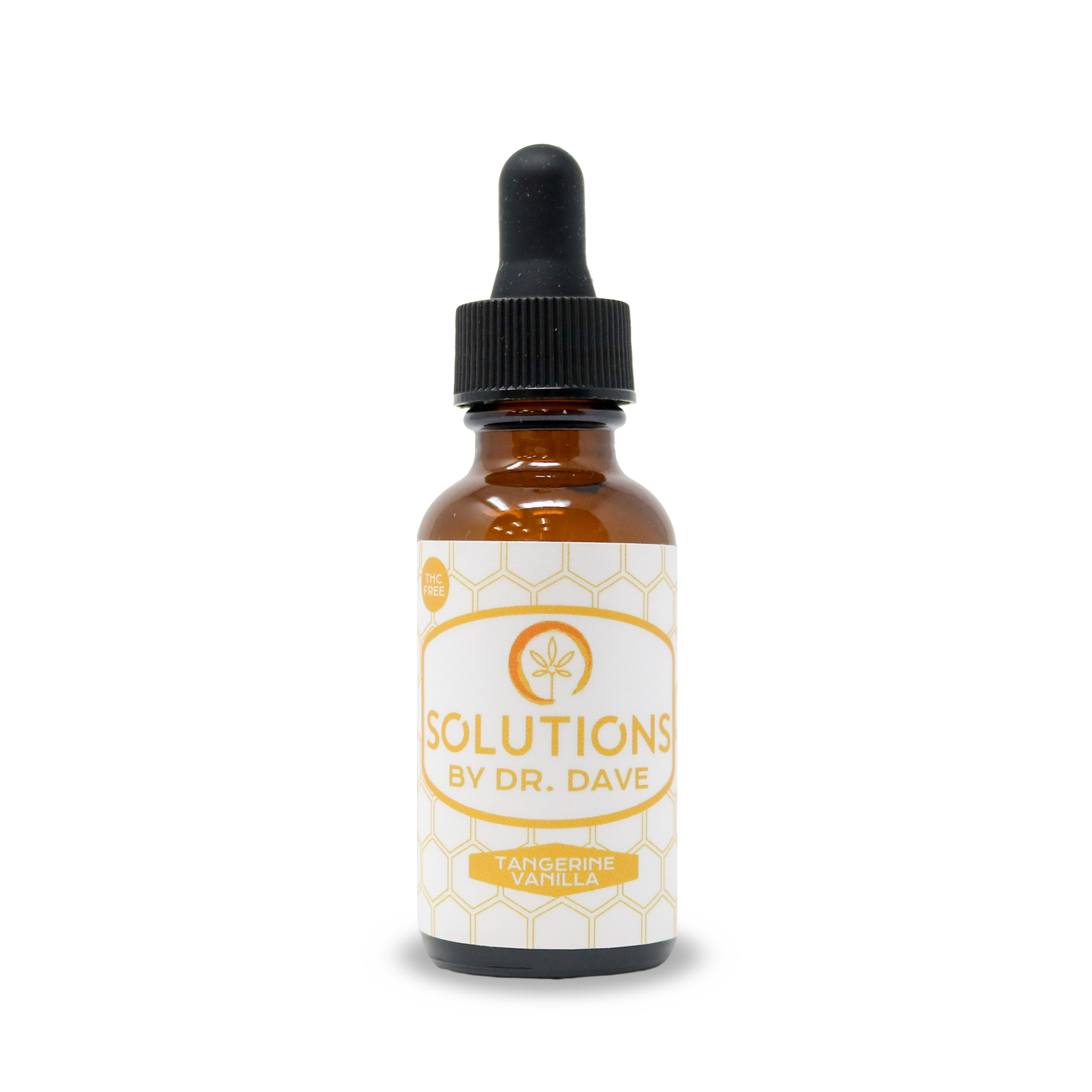 A bottle of Solutions by Doctor Dave tangerine vanilla flavored isolate C B D tincture is shown. The bottle is a brown amber color and has a white and yellow. The label has a honey comb print and says Solutions by doctor Dave tangerine vanilla, T H C free. 