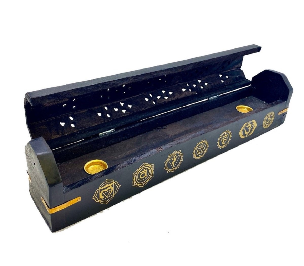 Incense Burner Wooden Box ~ Chakra Design Ash Catcher With Storage